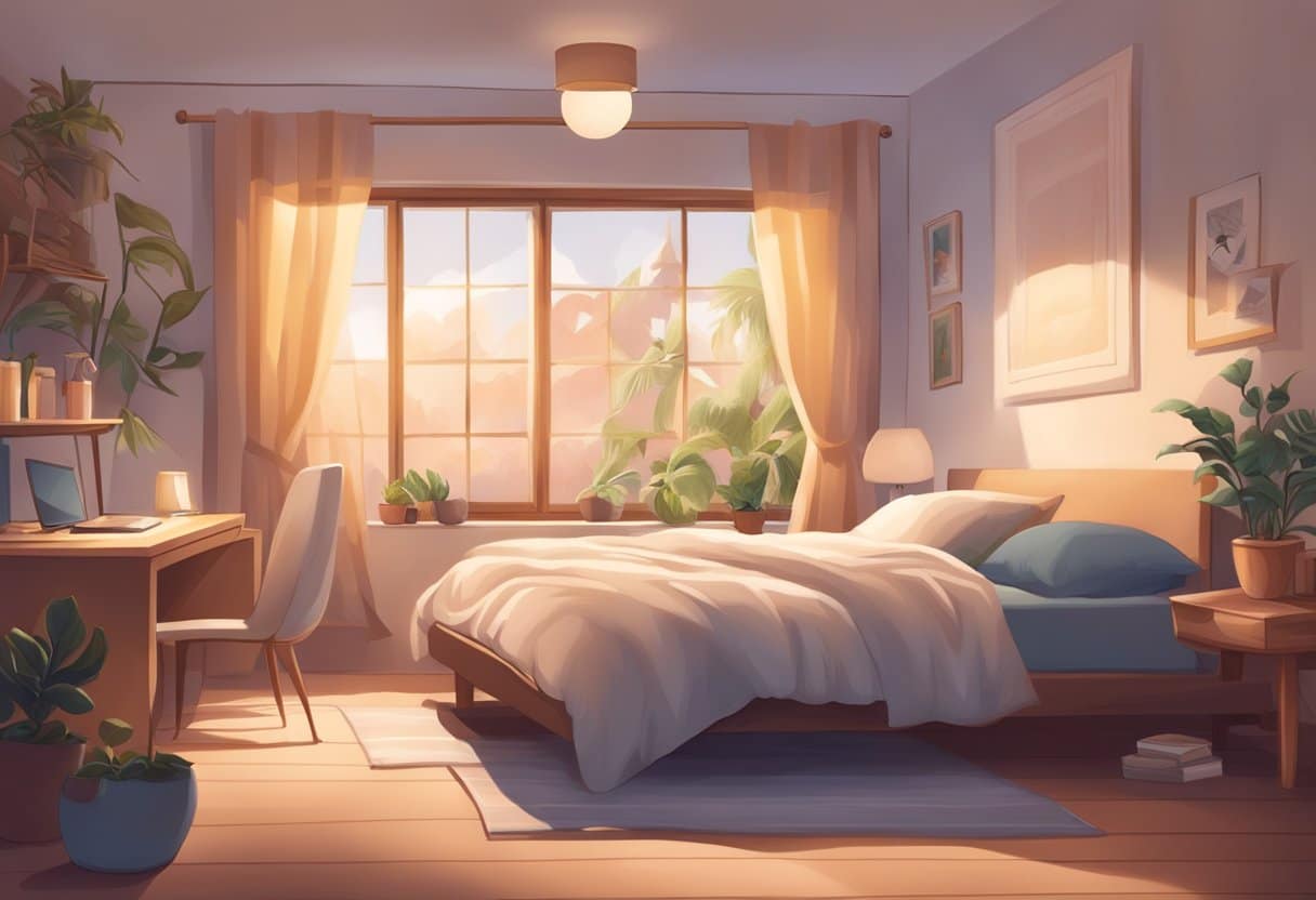 A cozy bedroom with a comfortable bed, soft lighting, and calming decor. A person peacefully sleeping with a serene expression on their face