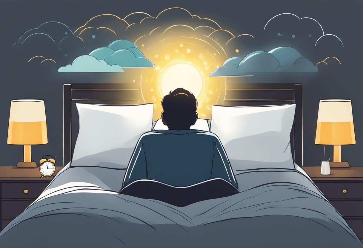 A person lying in bed with a dark cloud hovering over their head, while a bright light symbolizing treatment strategies shines down on them