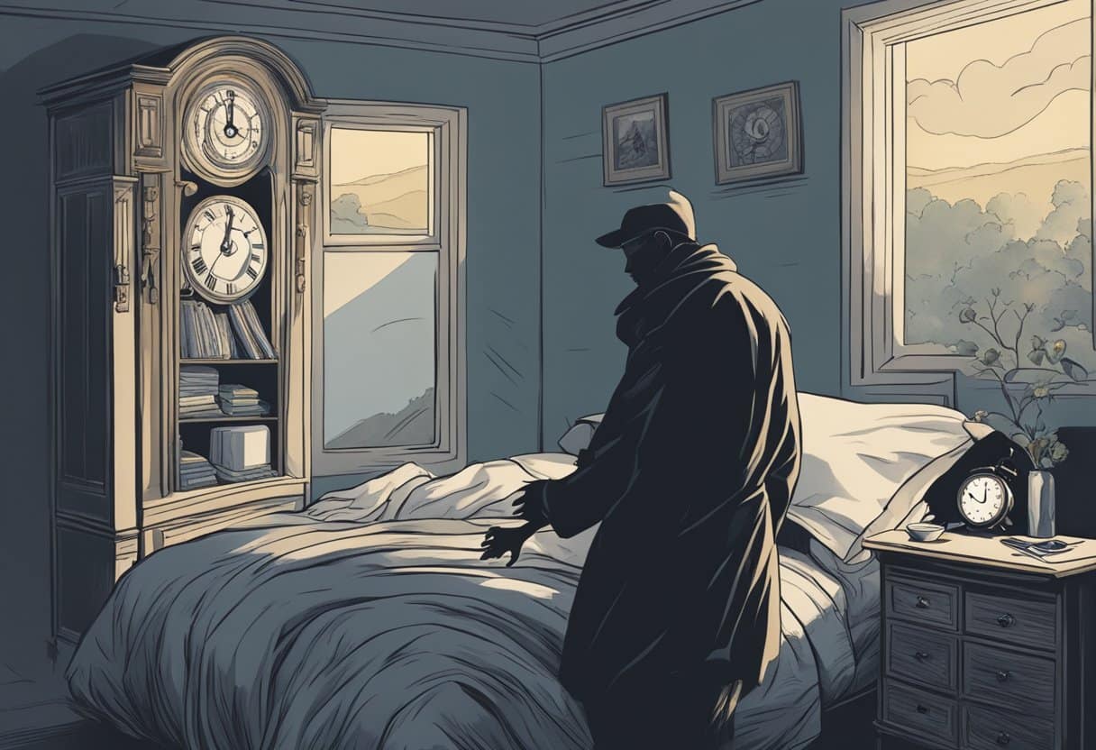 A shadowy figure tosses and turns in bed, surrounded by haunting memories. A clock ticks loudly in the background, emphasizing the struggle to find peace