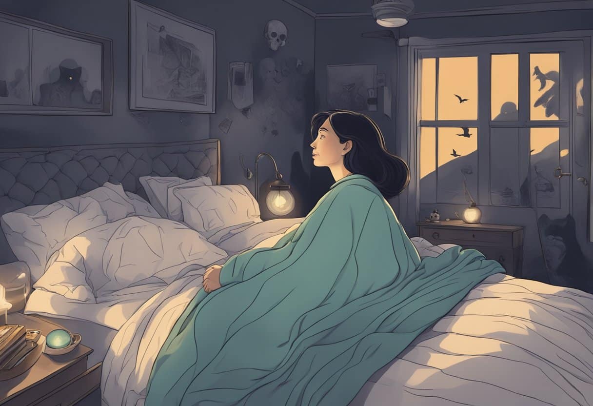 A person lying in bed with eyes wide open, surrounded by shadowy figures and haunting memories