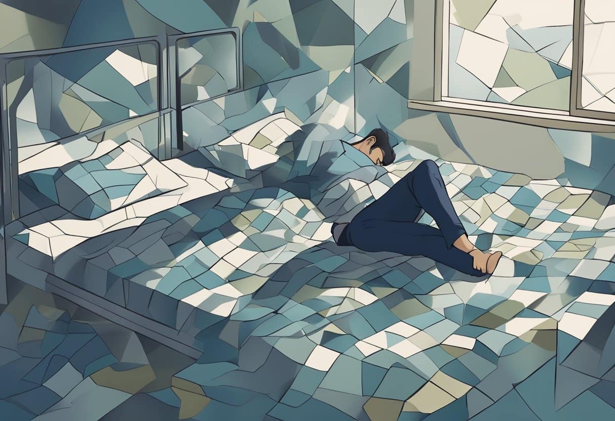A figure tossing and turning in bed, surrounded by shadows and fragmented images, symbolizing the sleep disturbances experienced in the context of PTSD