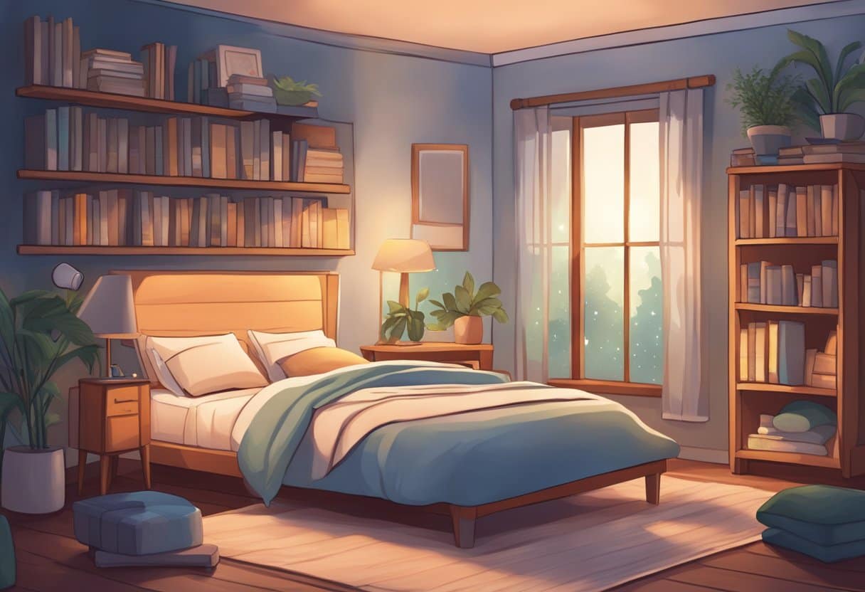 A peaceful bedroom with a cozy bed, soft lighting, and calming decor. A bookshelf filled with self-help books and a soothing sound machine on the nightstand