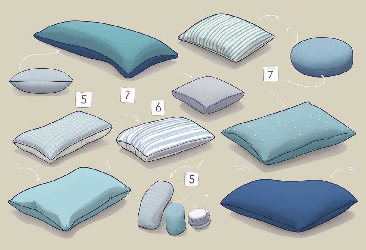 A variety of pillows in different shapes and sizes displayed on a bed, with labels indicating their intended use for optimal sleep and neck support