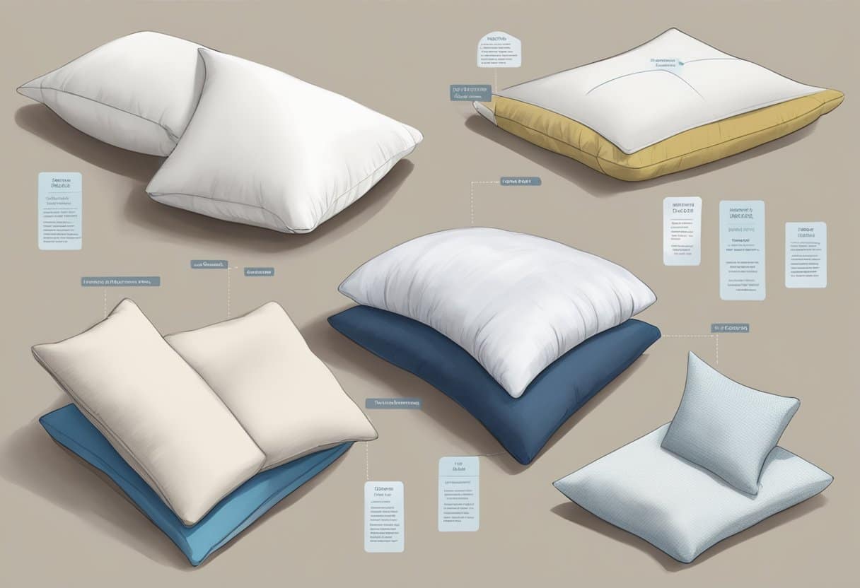 A variety of pillows made from different materials and types displayed on a bed, with labels indicating their features for optimal sleep and neck support