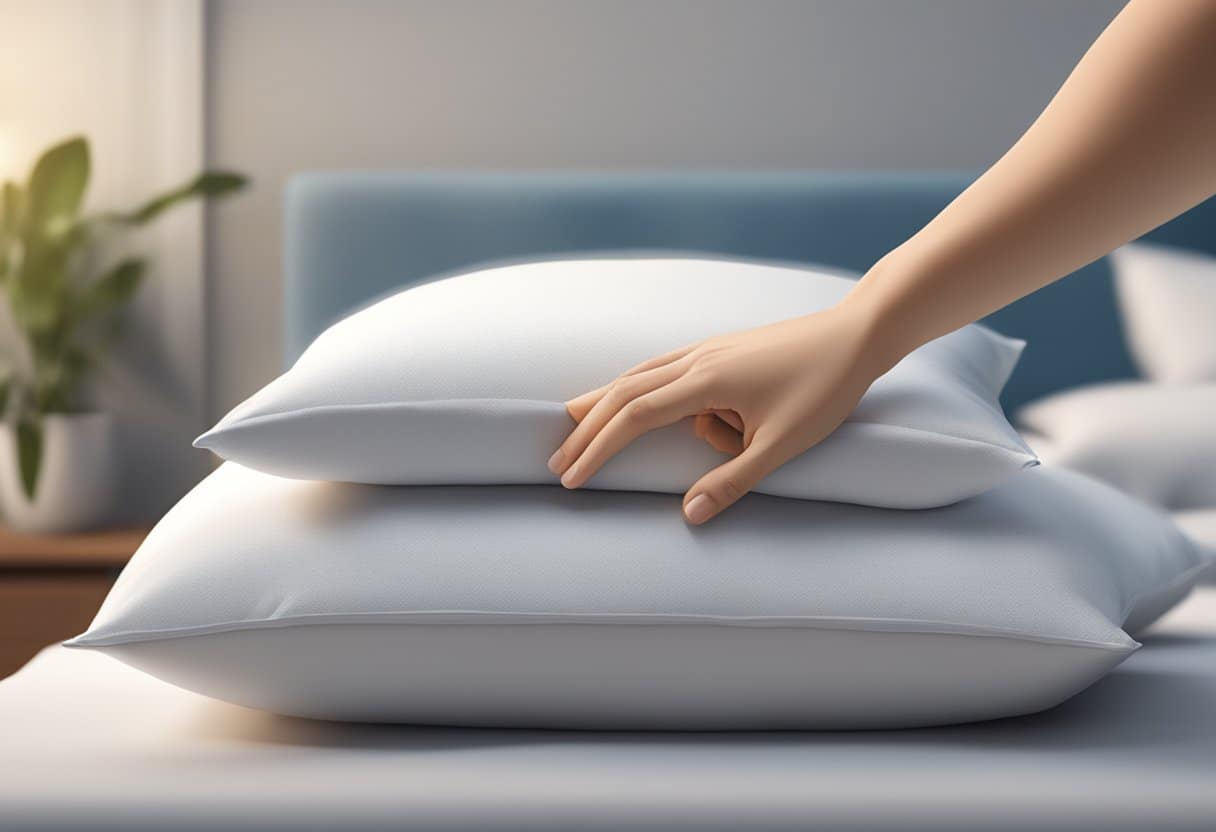 A hand reaching out to test the firmness and loft of different pillows on a neatly made bed, with a focus on comfort and neck support