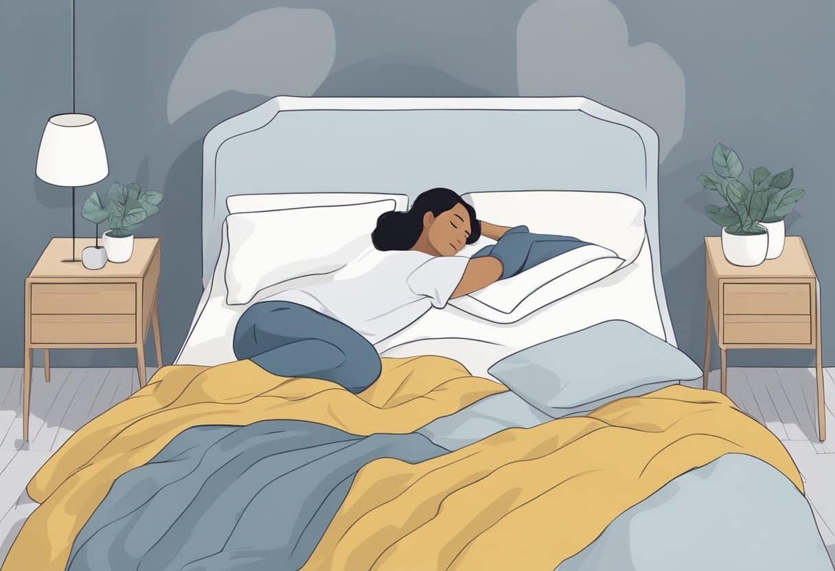 A person lying in bed with three different pillows beside them, each designed for a different sleeping style - side, back, and stomach. The person is reaching out to test each pillow for comfort and support