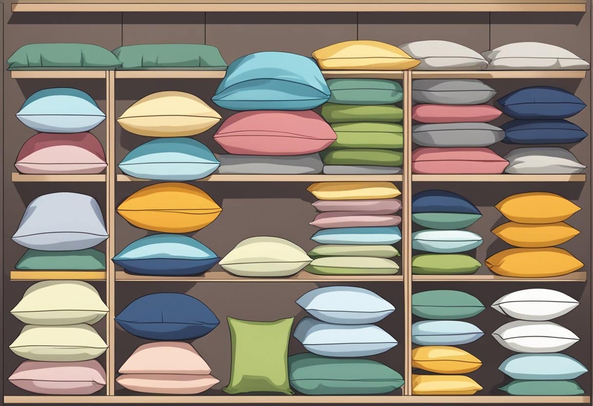 A variety of pillows stacked neatly on a shelf, with labels indicating different types and materials. A pillow protector and washing instructions are displayed nearby