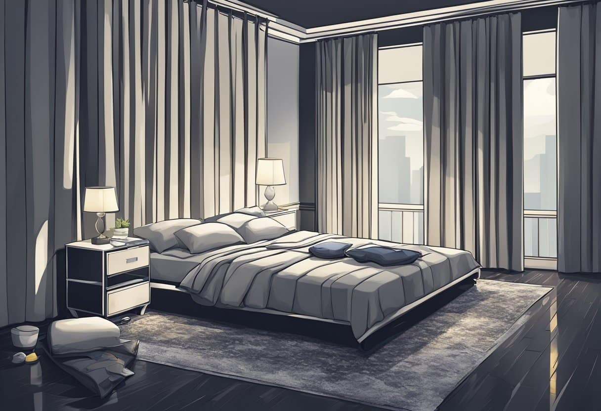 A darkened room with closed blackout curtains and sleep masks scattered on a bed or nightstand