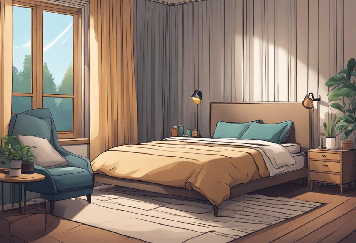 A cozy bedroom with blackout curtains drawn, and a sleep mask resting on a bedside table