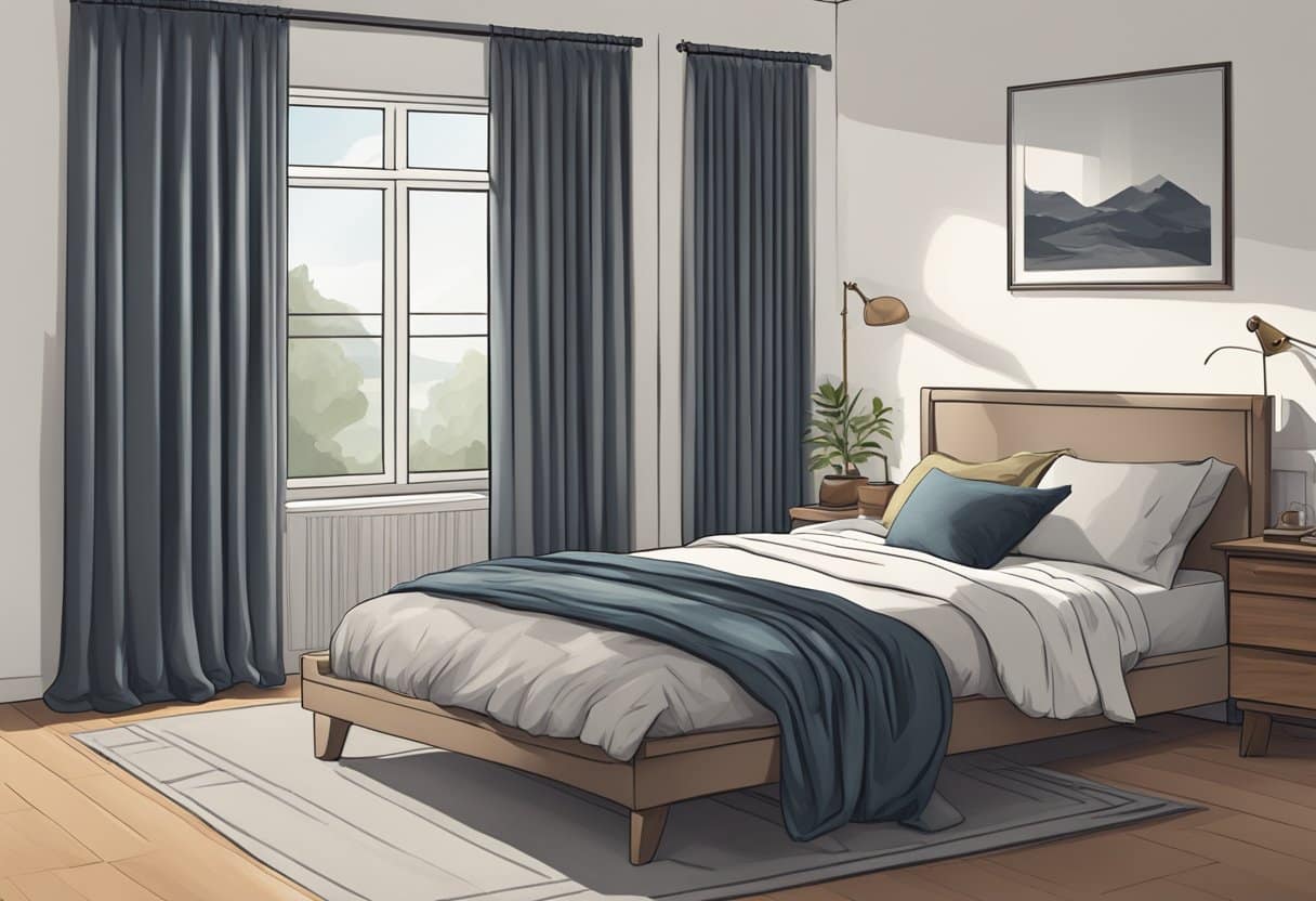 A cozy bedroom with blackout curtains drawn closed, a sleep mask resting on the bedside table
