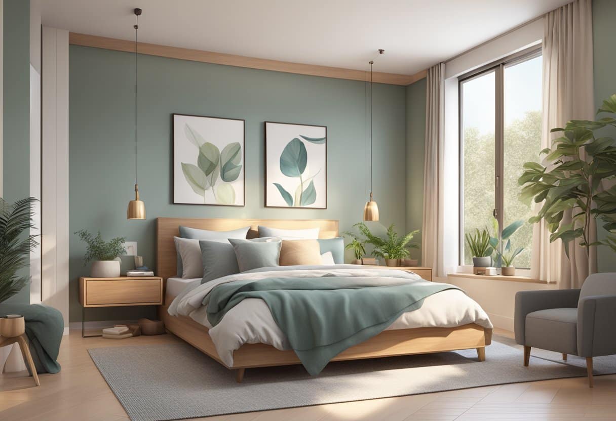 A tranquil bedroom with a balanced layout, soft lighting, and calming colors. A comfortable bed with supportive bedding and natural materials