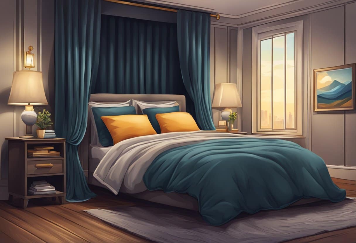 A cozy bedroom with dark blackout curtains drawn closed and a sleep mask resting on a plush pillow