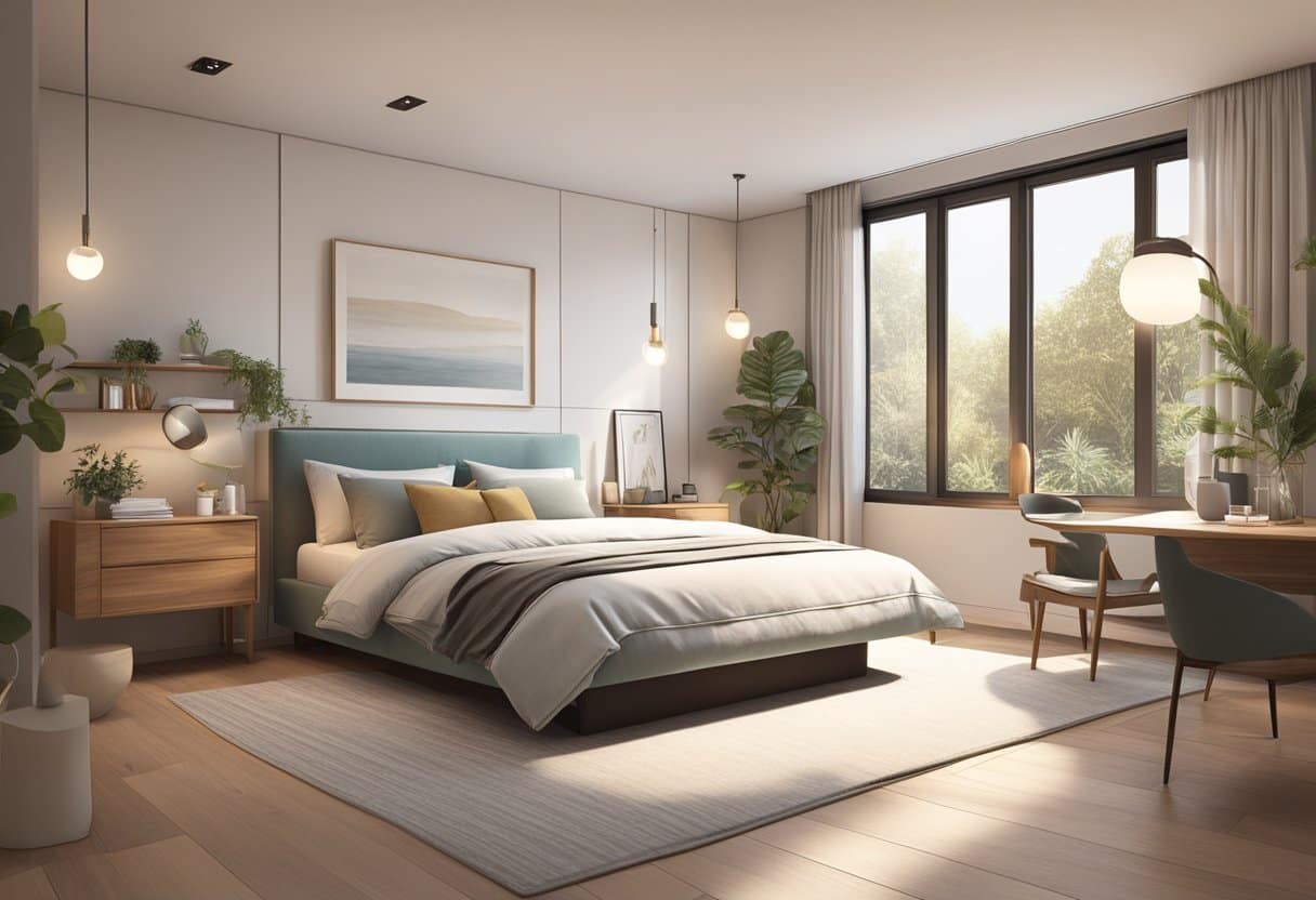 A serene bedroom with a balanced layout, soft lighting, and calming colors. A comfortable bed is positioned for optimal rest, with minimal clutter and natural elements for a peaceful atmosphere
