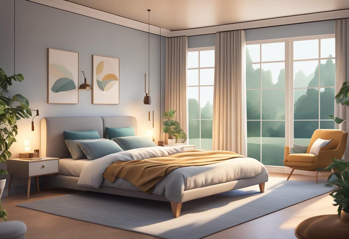 A serene bedroom with balanced furniture, soft lighting, and calming colors to promote relaxation and harmony for better sleep