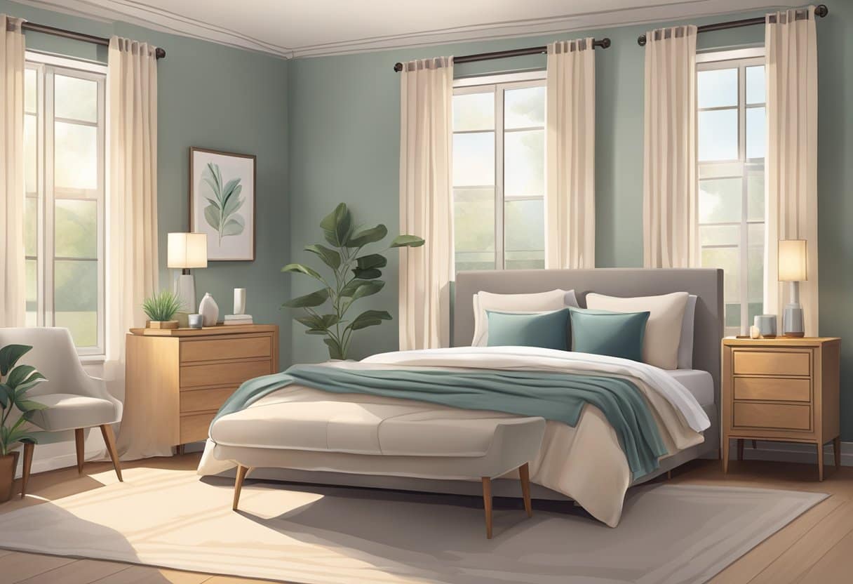 A serene bedroom with soft, cool-toned walls, warm neutral bedding, and gentle lighting to promote relaxation and restful sleep