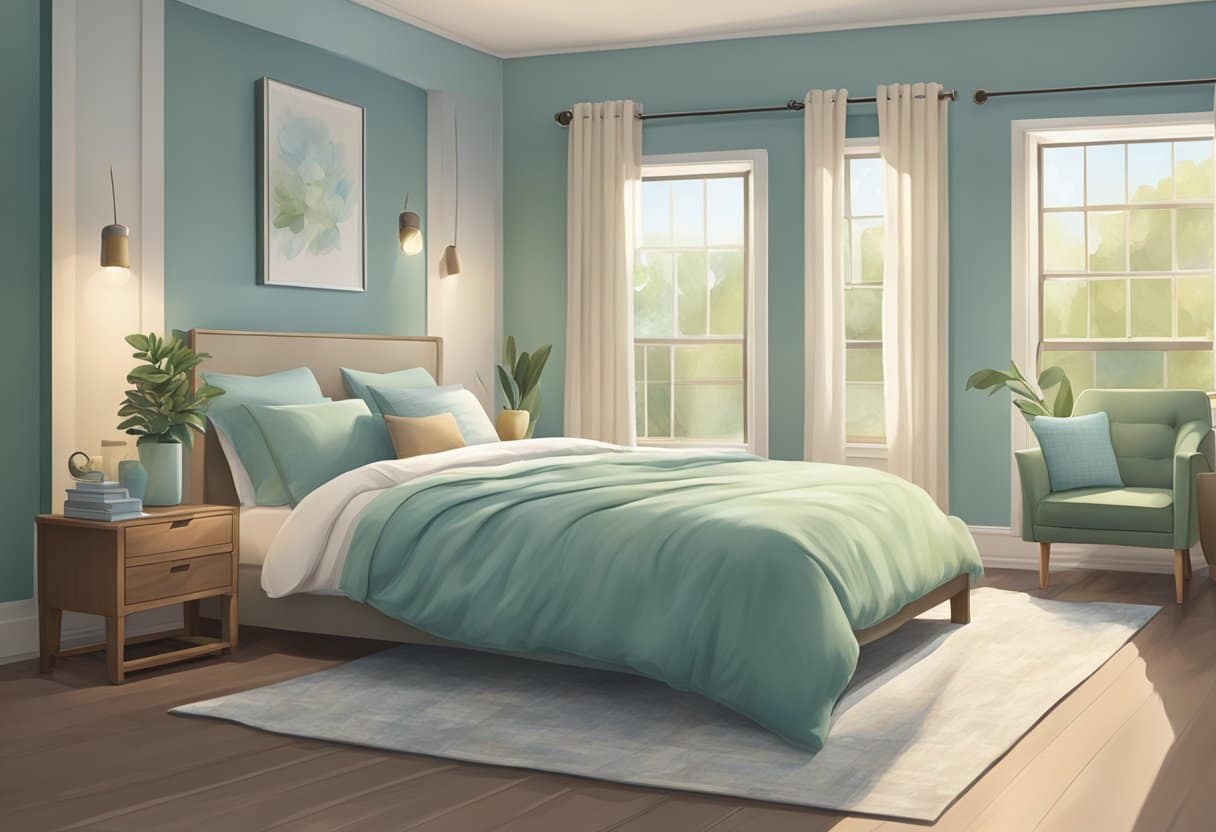 A cozy bedroom with soft, calming colors like light blues or pastel greens, dim lighting, and comfortable bedding