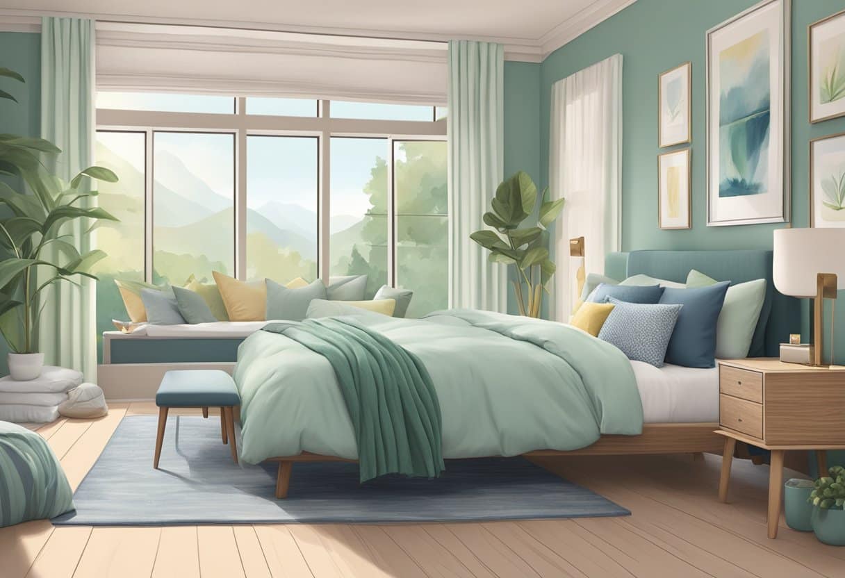 A cozy bedroom with soft, pastel bedding and calming accessories. Blue and green hues promote relaxation, while warm accents add comfort