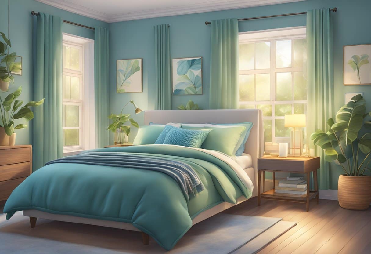 A bedroom with warm, soft lighting casting a calming glow over a soothing color palette of blues and greens, promoting relaxation and sleep