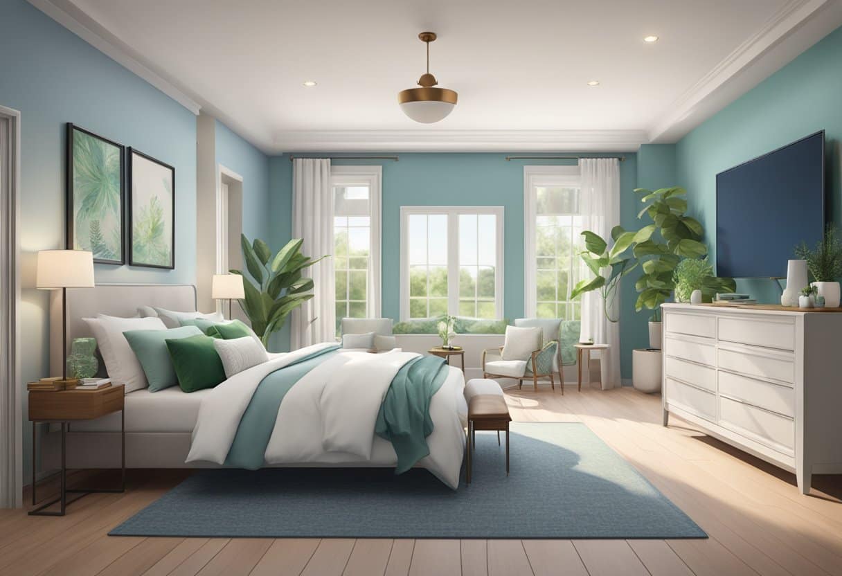 A tranquil bedroom with soft, cool tones. Blue walls, white bedding, and green accents create a calming atmosphere for optimal sleep