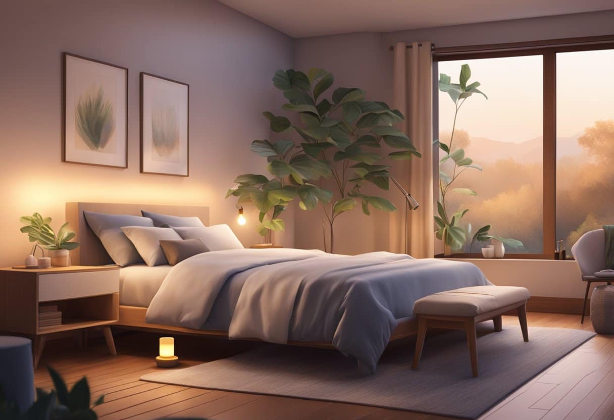 A serene bedroom with a diffuser emitting calming essential oils, a cozy bed, and soft, dim lighting