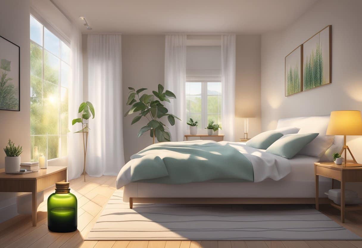 A tranquil bedroom with a diffuser emitting soft light and fragrant essential oils, creating a peaceful and calming atmosphere for better sleep