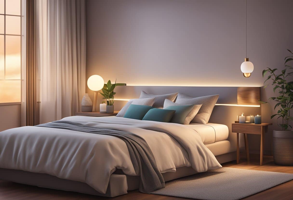 A peaceful bedroom with a diffuser emitting calming essential oils, a cozy bed with soft pillows, and dim lighting to create a relaxing atmosphere for bedtime aromatherapy