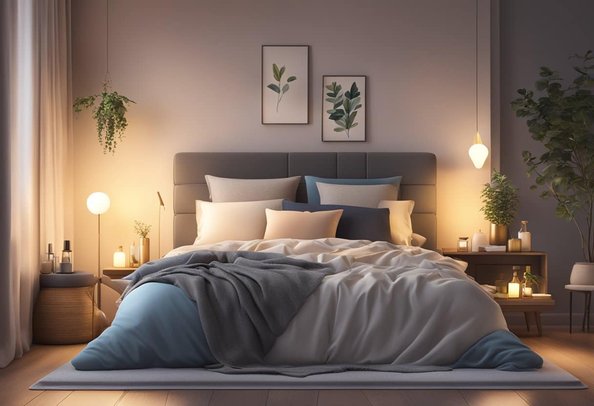 A dimly lit bedroom with a diffuser emitting a soft glow, surrounded by various bottles of essential oils and a cozy bed with plush pillows and blankets