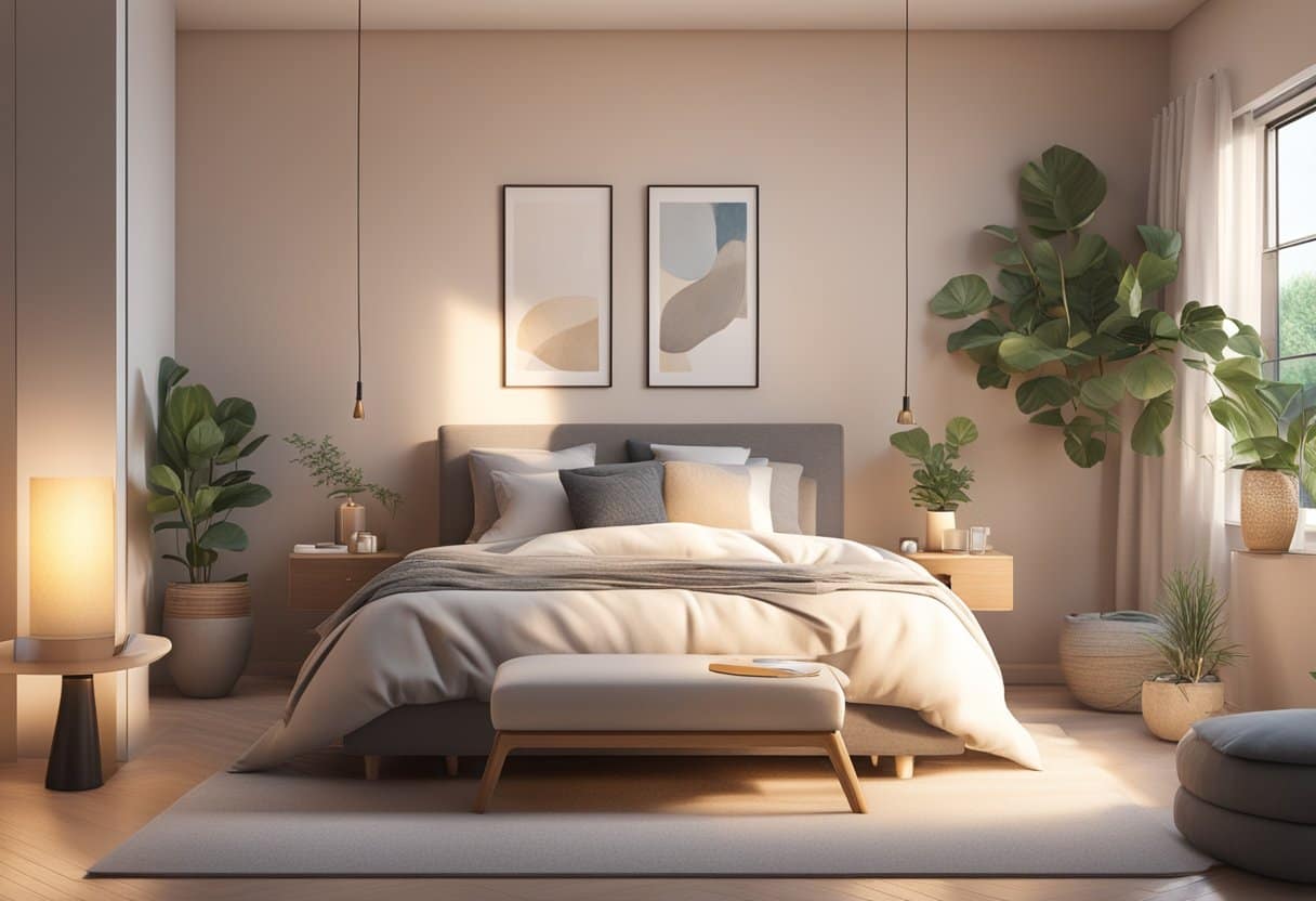 A serene bedroom with soft lighting, a cozy bed, and a diffuser emitting calming essential oils