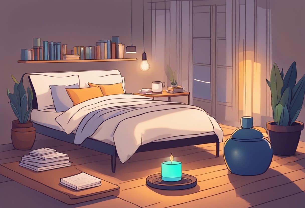 A cozy bedroom with a diffuser emitting soothing aromas, a stack of books on aromatherapy, and a person peacefully sleeping in bed