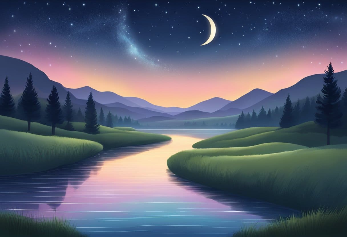 A serene night sky with a crescent moon and stars, casting a soft glow over a peaceful landscape of rolling hills and a tranquil river