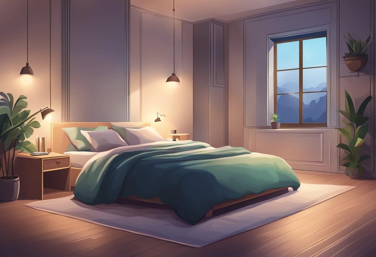 A dimly lit room with a soft, comfortable bed. A serene atmosphere with calming colors and gentle, soothing music playing in the background