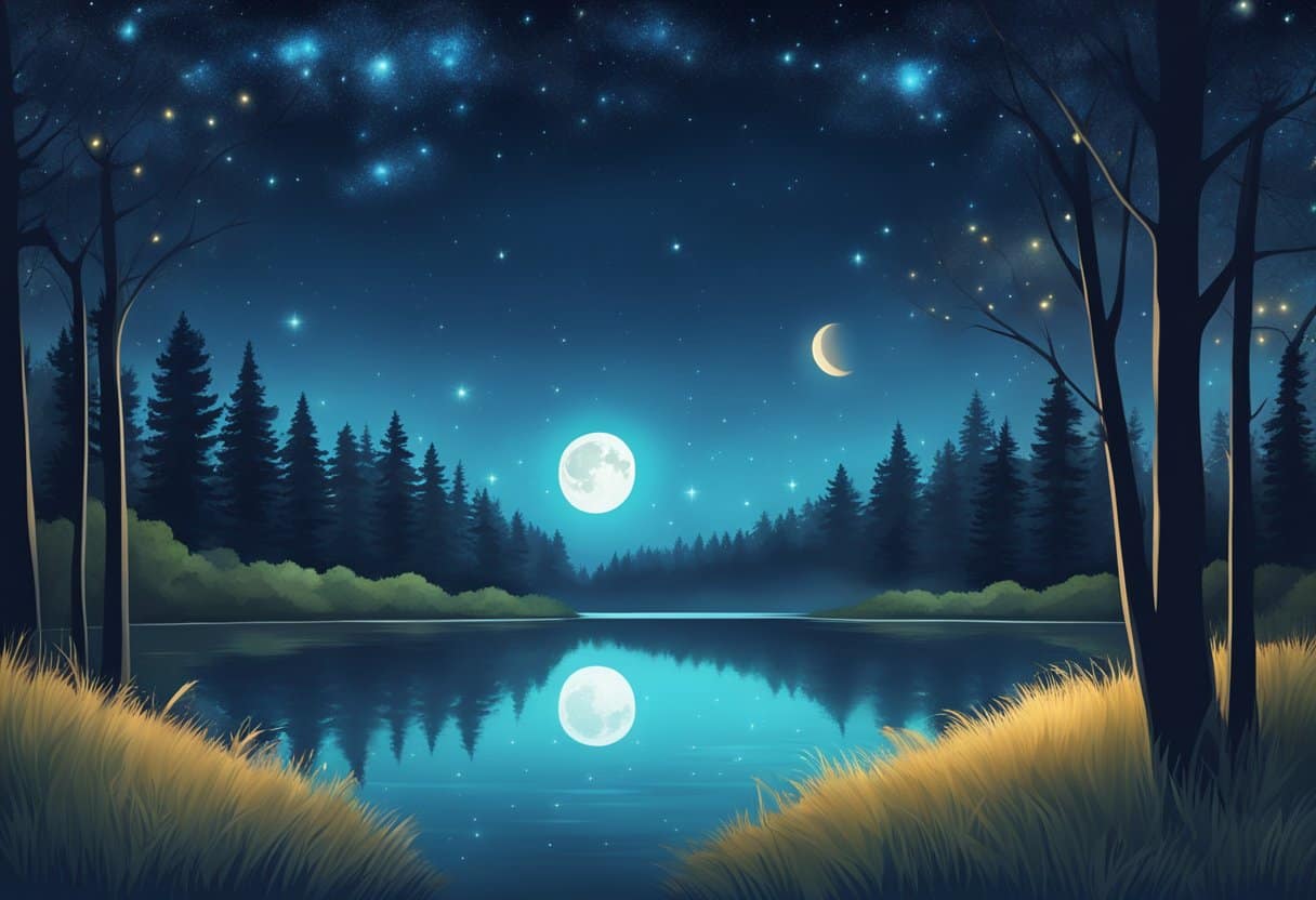 A serene night sky with a glowing moon and stars, surrounded by a peaceful landscape of trees and a quiet, still body of water