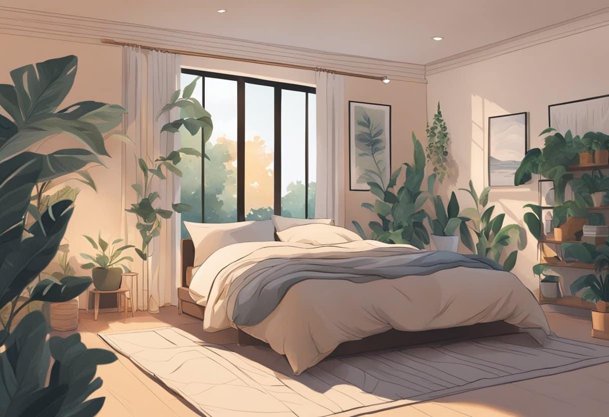 A serene bedroom with dim lighting, a cozy bed, and a person peacefully sleeping, surrounded by calming elements like plants and soft blankets