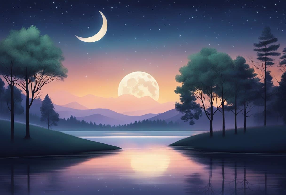 A serene night sky with a crescent moon shining above a peaceful landscape of trees and a tranquil body of water