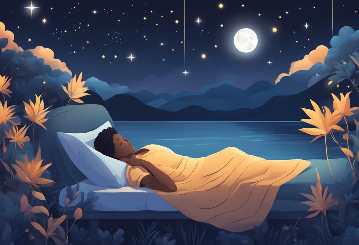 A serene nighttime scene with a person sleeping peacefully, surrounded by calming elements such as stars, moonlight, and soothing nature sounds