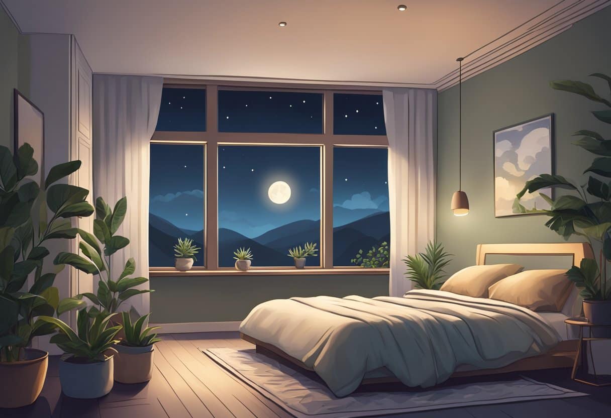 A tranquil bedroom with dim lighting, plants, and a cozy bed, with a window showing a moonlit night sky