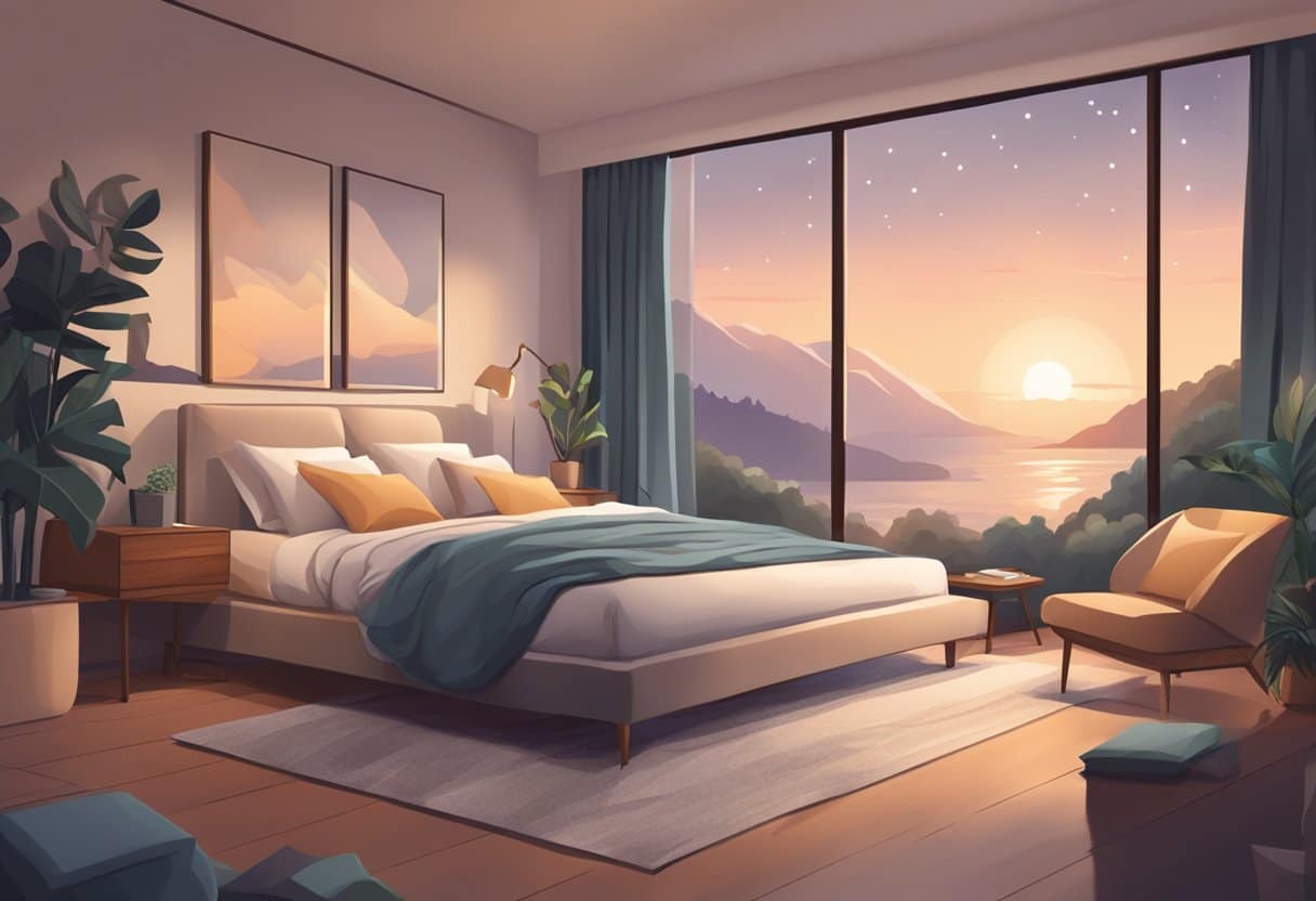 A serene bedroom with dim lighting, a cozy bed, and a person peacefully sleeping, surrounded by calming elements like soft pillows and soothing colors