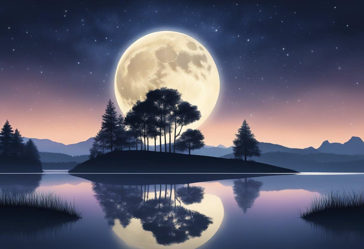 A serene night sky with a full moon shining down, surrounded by a tranquil landscape of trees and a peaceful body of water