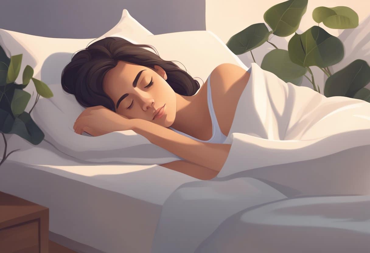 A person lying in bed with eyes closed, surrounded by a serene atmosphere, using acupressure techniques to promote relaxation and restful sleep