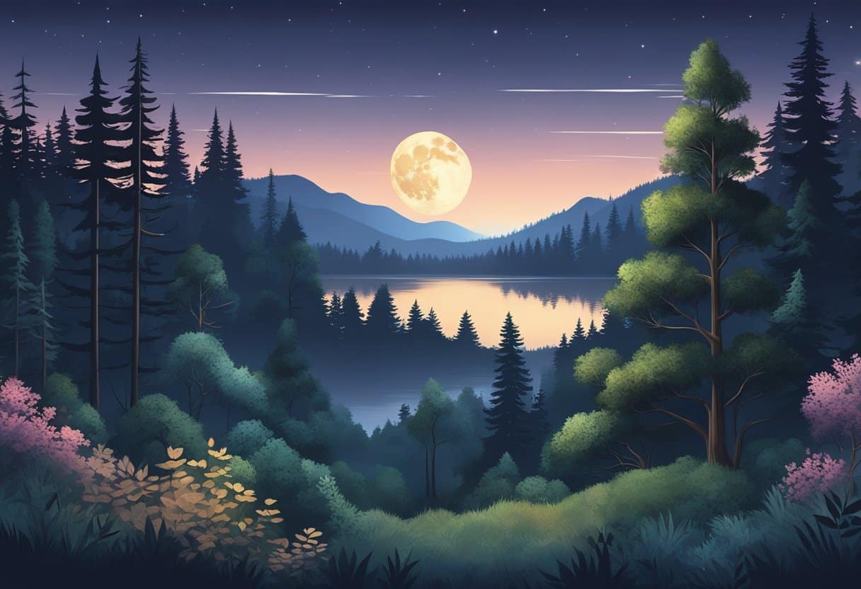 A serene forest at dusk, with a clear night sky and a full moon rising, surrounded by tranquil nature sounds