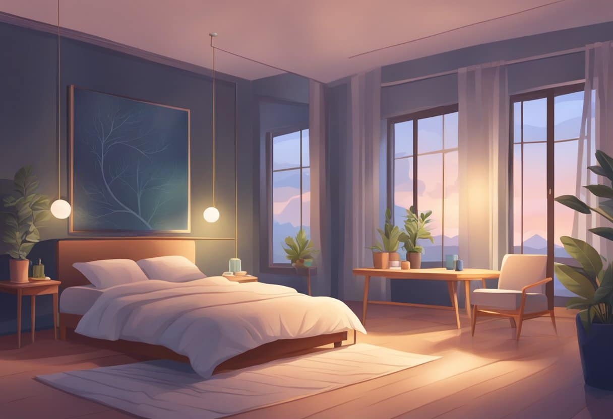 A serene bedroom with dim lighting, a comfortable bed, and a person practicing acupressure techniques on themselves to promote relaxation and restful sleep