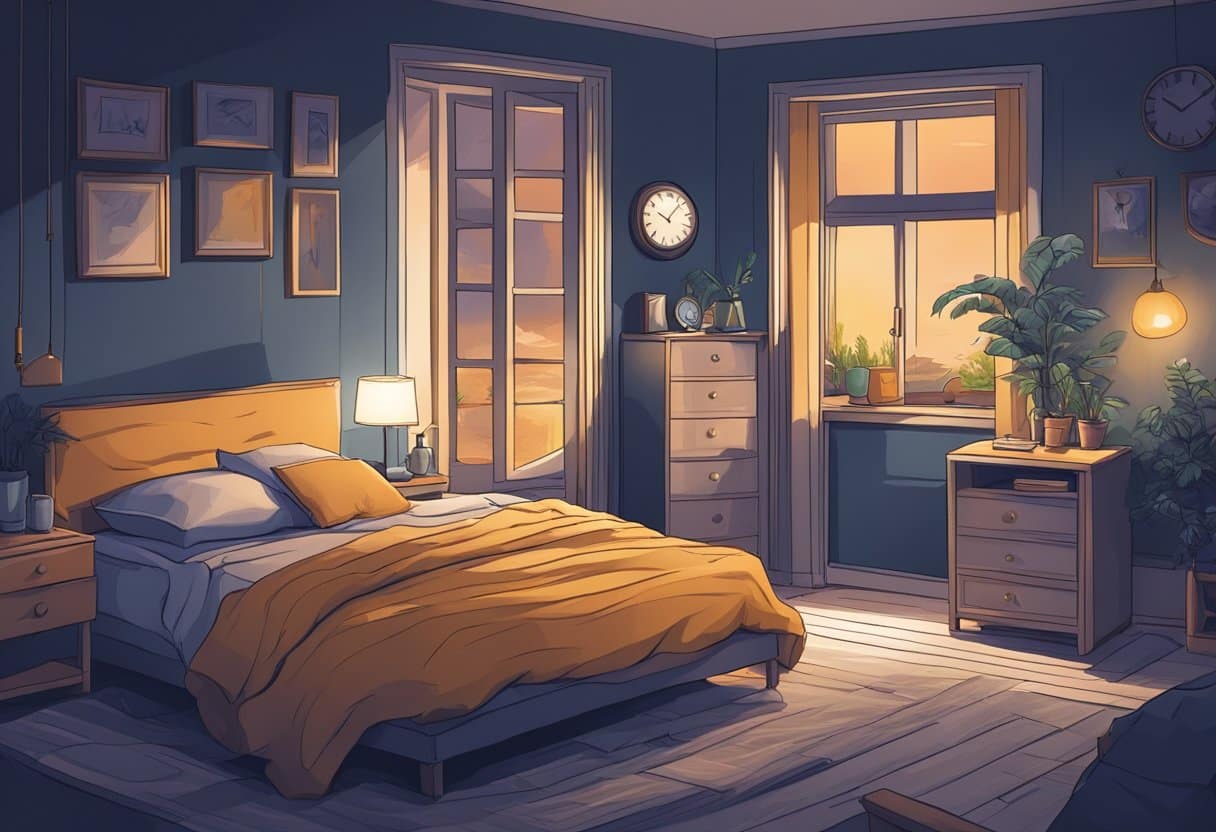 A bedroom at night with a glass of alcohol on the nightstand, a clock showing late hours, and a restless figure tossing and turning in bed