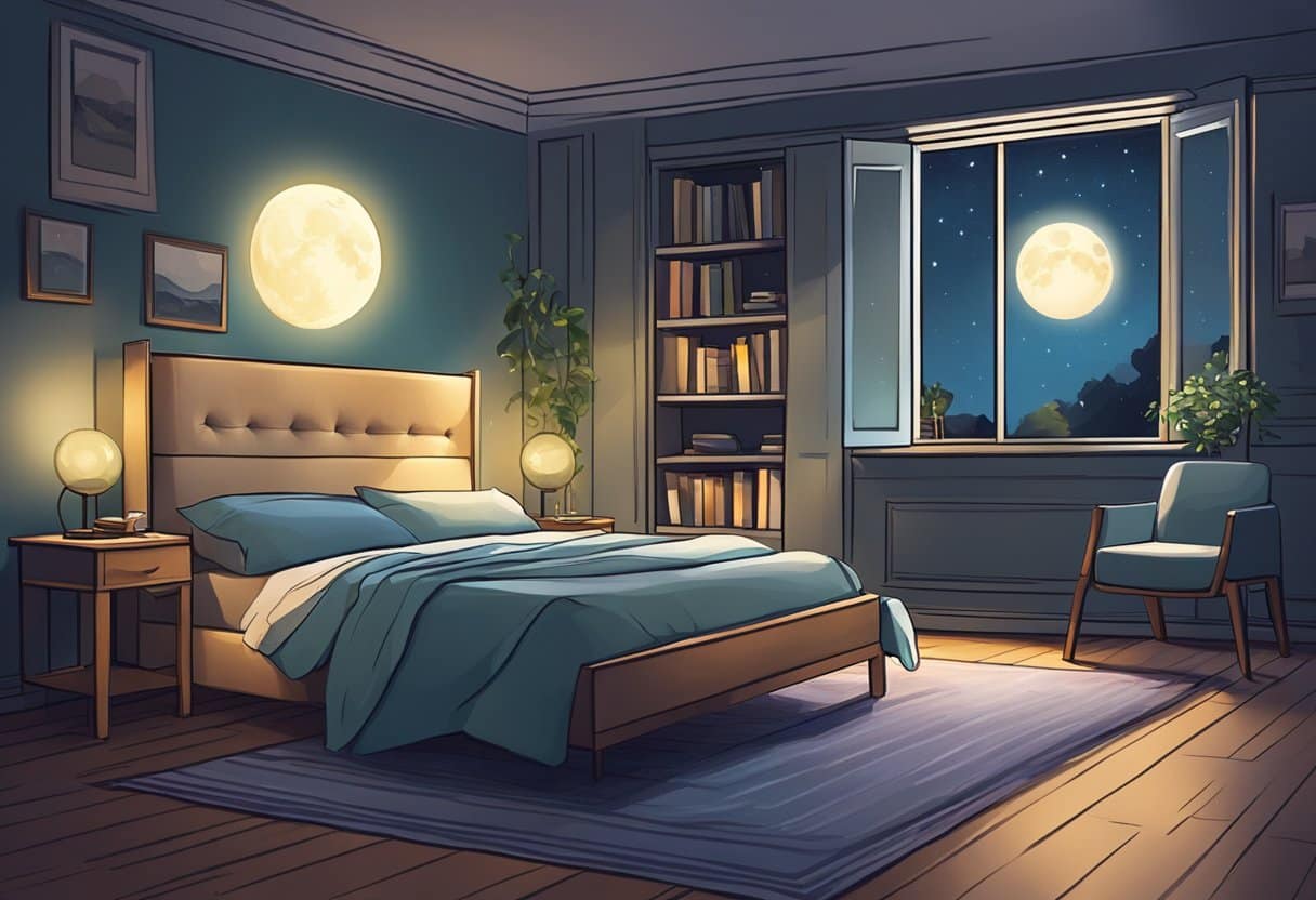 A serene bedroom with a bed, moonlight streaming through the window, and a glass of alcohol on the nightstand
