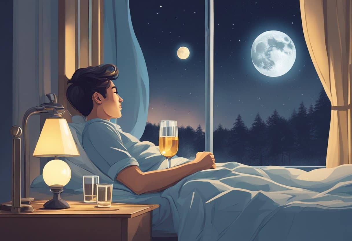 A person lying in bed with a glass of alcohol on the nightstand, tossing and turning with a restless expression. Outside, the moon shines through the window
