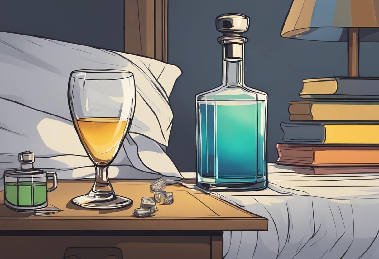 A glass of alcohol sits on a bedside table next to a clock showing late hours, while a person tosses and turns in bed