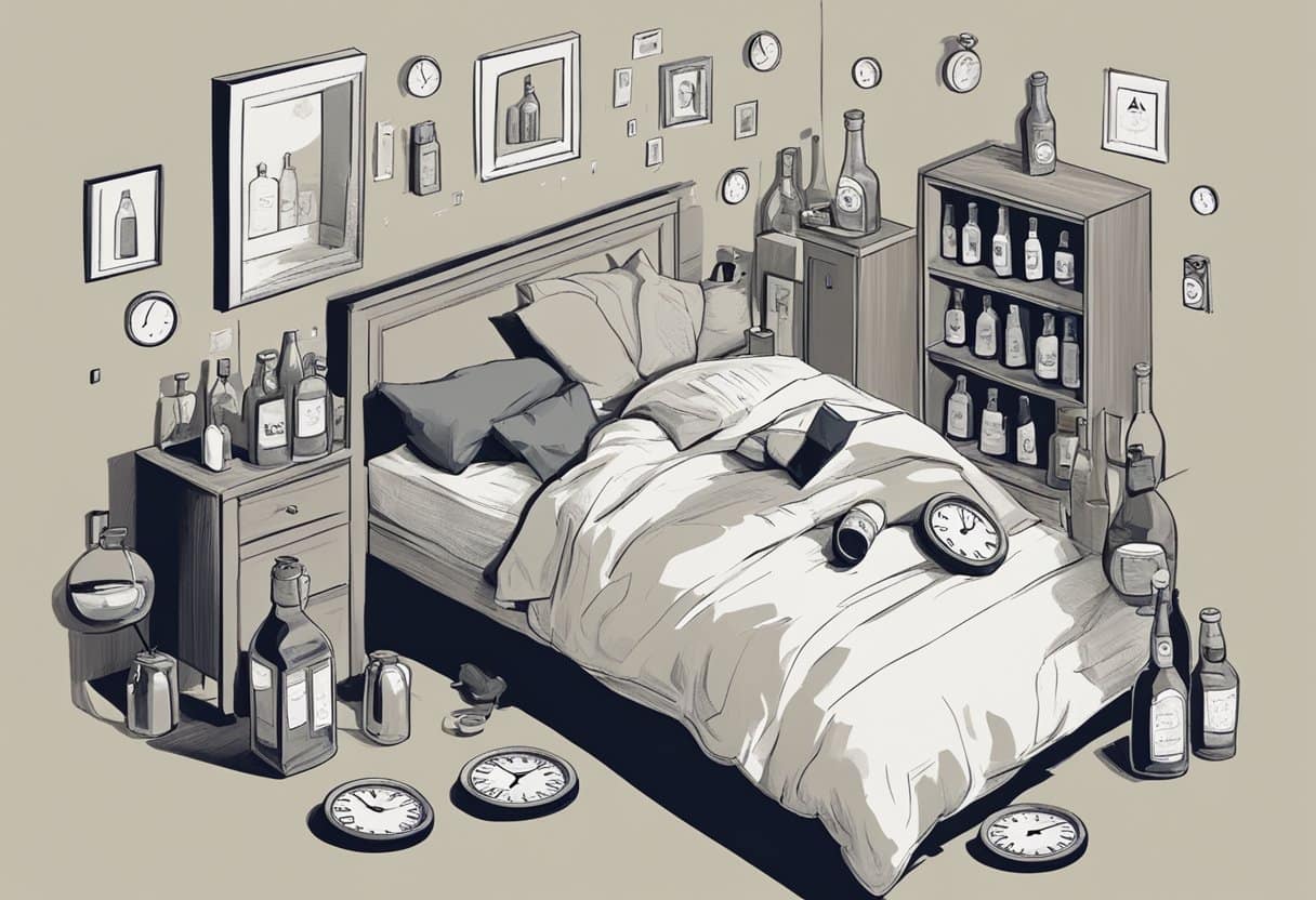A person tossing and turning in bed, surrounded by empty alcohol bottles and a clock showing various times throughout the night