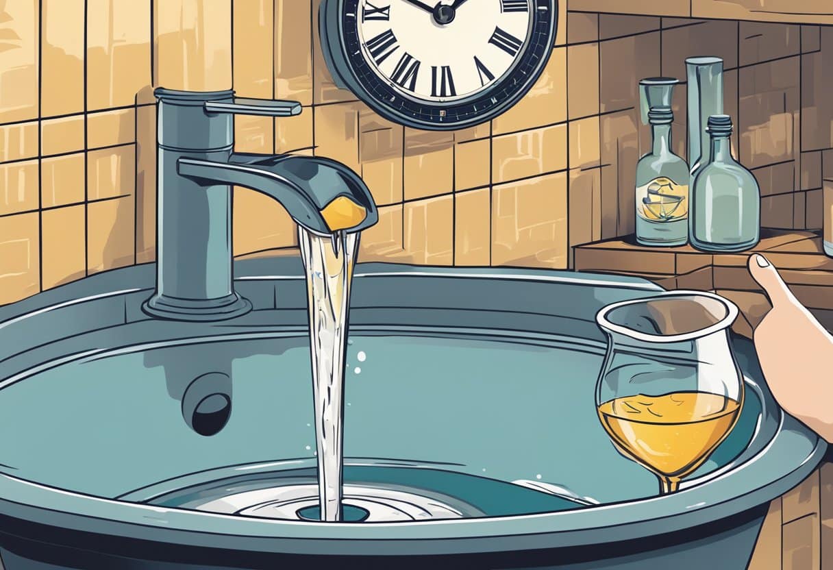 A person pouring alcohol down a drain while a clock shows late night hours