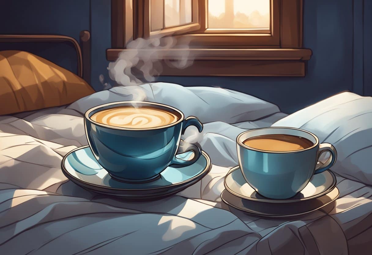 A steaming cup of coffee sits next to a cozy bed with rumpled sheets, as the moonlight filters through the window