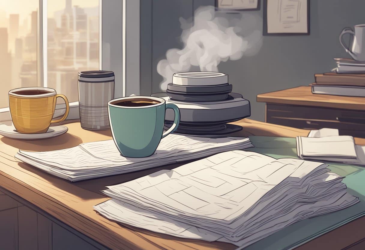 A steaming cup of coffee sits on a bedside table, surrounded by scattered sleep research papers and a cozy bed with a disheveled pillow