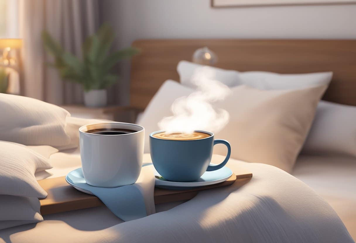 A steaming cup of coffee sits next to a cozy bed with a sleep mask and fluffy pillows